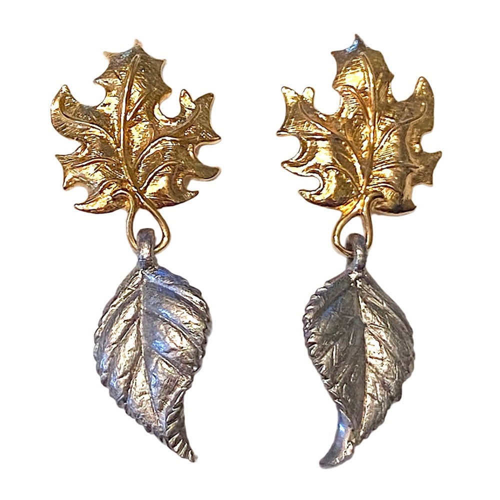 AVON Vintage Leaf Dangle Earrings Mixed Metal Gold Silver